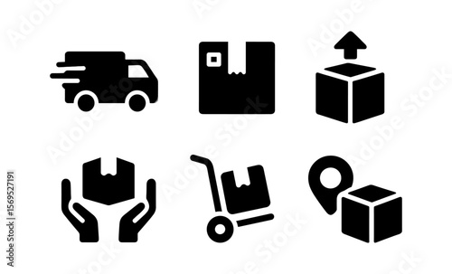 Delivery and shipping icon set featuring transport, packages, and location symbols