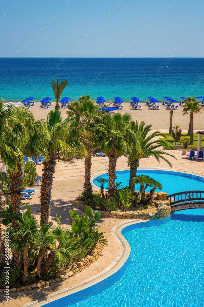 Naklejka premium Enjoy a beautiful beach scene with a swimming pool and a clear sky.