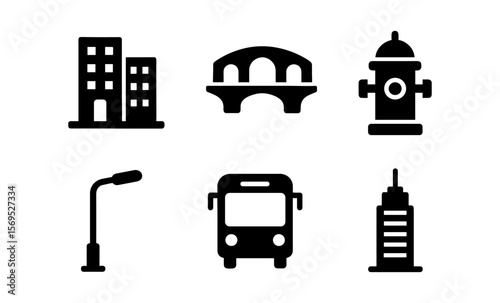 Urban icons: buildings, bridge, hydrant, streetlight, bus, skyscraper silhouettes