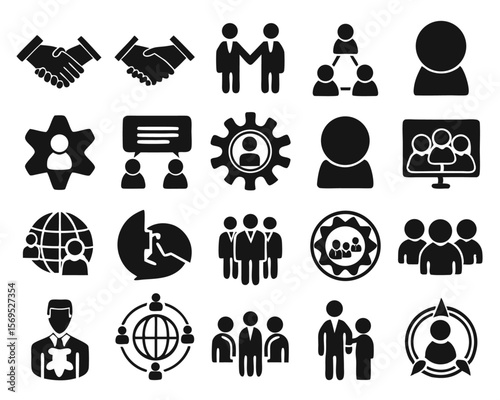 Outline collection of business collaboration symbols representing teamwork partnership and strategic alliances in a clean modern graphic style with essential business concepts