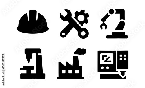 Industrial icons set: hard hat, tools, robotic arm, factory, cnc machine