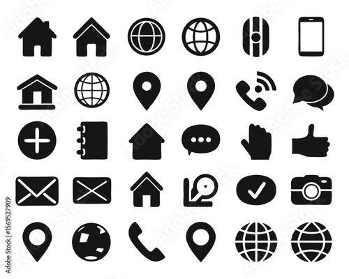 Comprehensive collection of essential communication symbols for websites and digital interfaces featuring home call email and location markers in a clean modern style