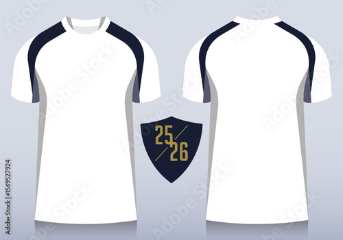Front and back view of white t-shirt with blue raglan sleeves and round collar for football club. Sportswear, sport uniform, soccer jersey or football kit mockup template design in minimal style. 