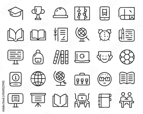 Comprehensive collection of diverse symbols representing online learning remote schooling educational resources academic growth and digital knowledge acquisition for modern study