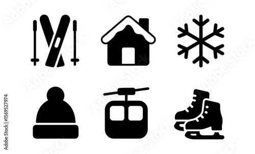 Winter sports icon set: skis, snowflake, house, hat, cable car, ice skates