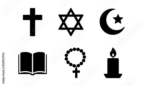 Diverse religious symbols: cross, star of david, crescent, bible, rosary, candle icons