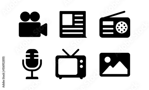 Multimedia icons: video, news, radio, microphone, television, image