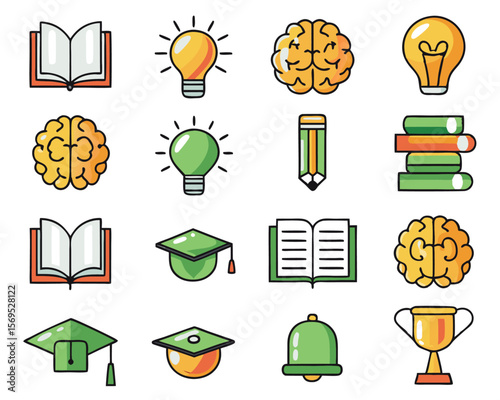 Comprehensive collection of educational icons representing learning knowledge acquisition cognitive processes and intellectual development presented in a versatile graphic format