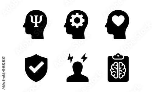 Icon set illustrating psychology, mental health, and cognitive concepts