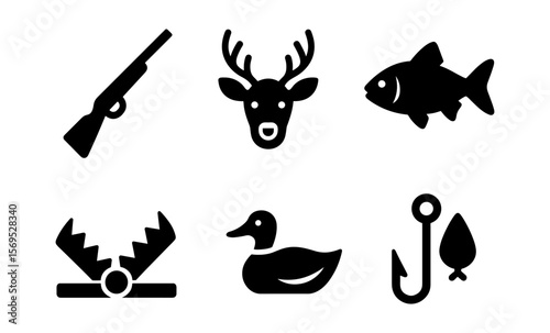 Hunting and fishing icons collection: gun, deer, fish, trap, duck, hook