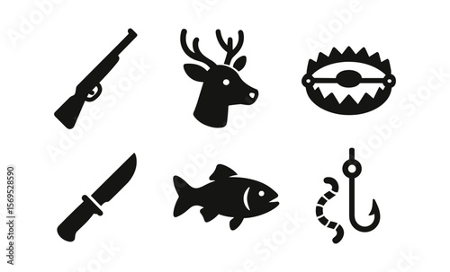 Hunting and fishing icons set: rifle, deer, bear trap, knife, fish, hook