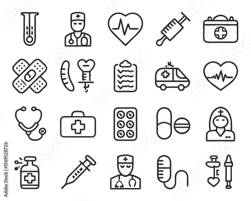 Comprehensive collection of healthcare and medical symbols featuring essential diagnostic and treatment elements in a clean modern aesthetic with vibrant color accents
