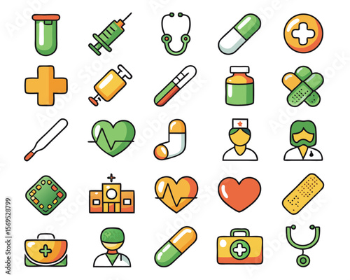 Comprehensive collection of healthcare and medical symbols including essential instruments and wellness elements presented in a clean graphic style with distinct color accents for clear communication