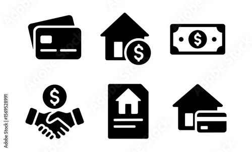 Financial icons set: credit card, house, money, handshake, document, mortgage