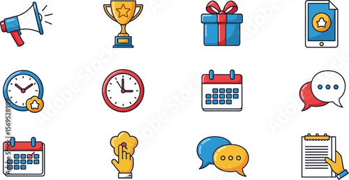 Illustration of business and communication icons on a white background