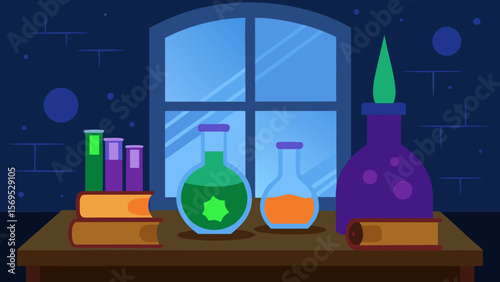 Magical collection of ancient potions and mystical spellbooks on an old wooden table
