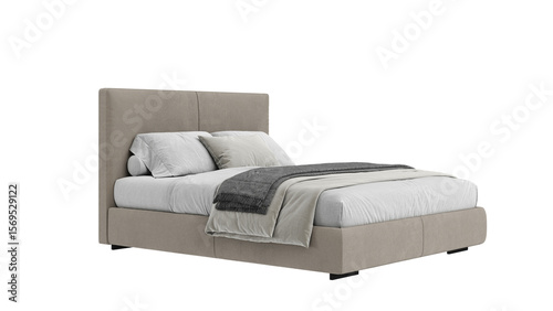 Modern double bed with bedding on a transparent background. Furniture for mockups, presentations, and marketing materials