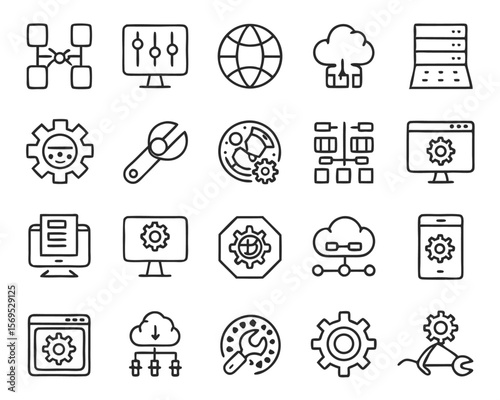 Collection of thin line graphical elements representing information technology management roles and responsibilities suitable for digital interfaces and presentations