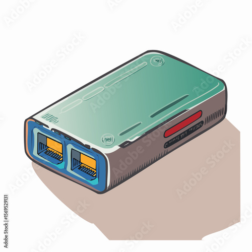 Minimalist flat vector illustration of a sleek, rectangular portable power bank with rounded edges and a metallic silver casing