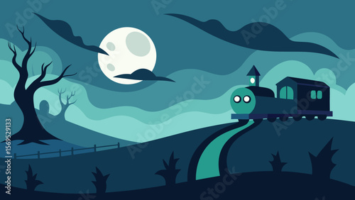 Mysterious ghost train traveling through a chilling haunted landscape under the moonlight
