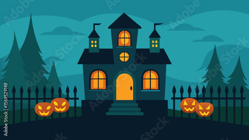 Spooky haunted house illustration with an antique wrought iron fence surrounding the yard