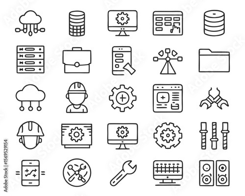Collection of thin line graphics representing information technology management roles and responsibilities with a professional color palette