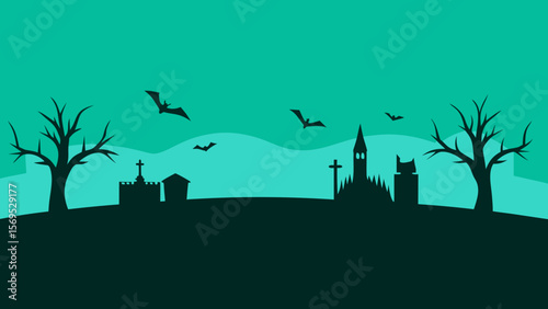 Wide banner image of a spooky skyline with a graveyard and haunted house