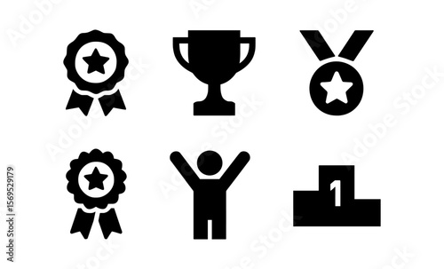 Award icons set: trophies, medals, ribbons, and victory symbols for achievement themes