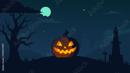 Dark and moody Halloween night with a single solitary glowing jack o lantern