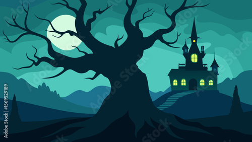 Spooky scene with a giant gnarled tree in the foreground under dark sky