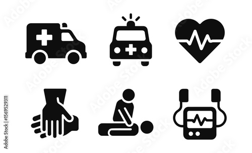 Emergency medical icons set: ambulance, heartbeat, cpr, first aid, defibrillator