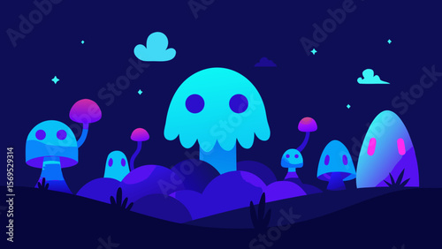 Whimsical Halloween scene with glowing neon blue and purple lights at night