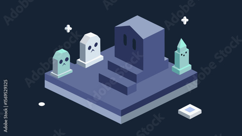 Isometric view of a spooky graveyard with cartoon tombstones and ghosts