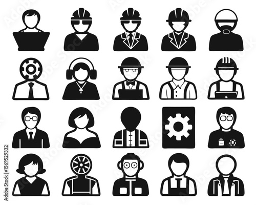 Collection of thin line graphics representing information technology management roles and responsibilities with essential digital tools and concepts