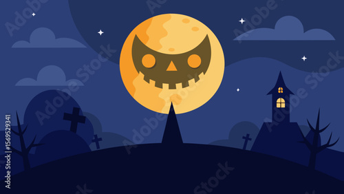 Spooky night scene with a moon that has a jack o lantern face glowing