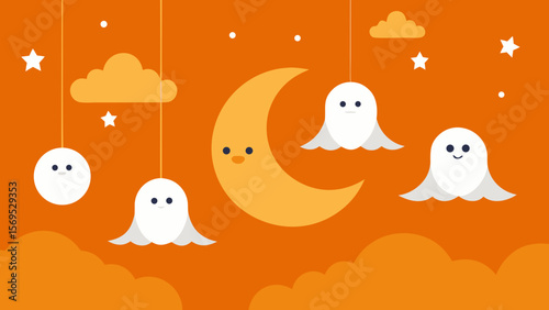 Halloween background with hanging stars a crescent moon and spooky bats