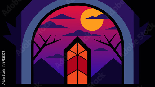 Halloween night scene in a stained glass window style with eerie colors