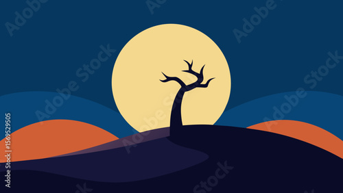Minimalist landscape with silhouetted hills and a spooky glowing full moon