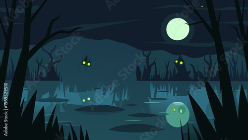 Spooky swamp at night with a bright moon reflecting on the murky waters