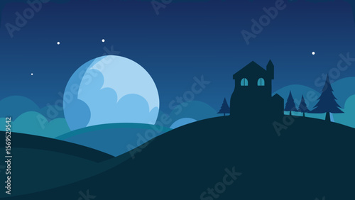 Landscape with rolling hills silhouetted trees and a spooky full moon