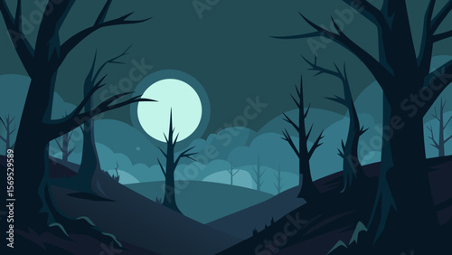 Clearing in a dark wood with a full moon overhead casting eerie long shadows