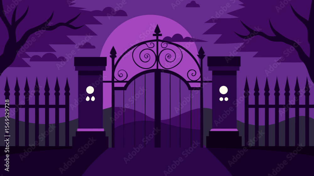Fototapeta premium Entrance to a spooky cemetery with open wrought iron gates and ominous fog