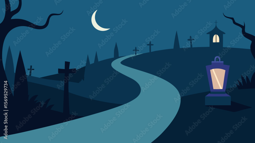 Obraz premium Path winding through an old graveyard with a solitary broken tombstone standing