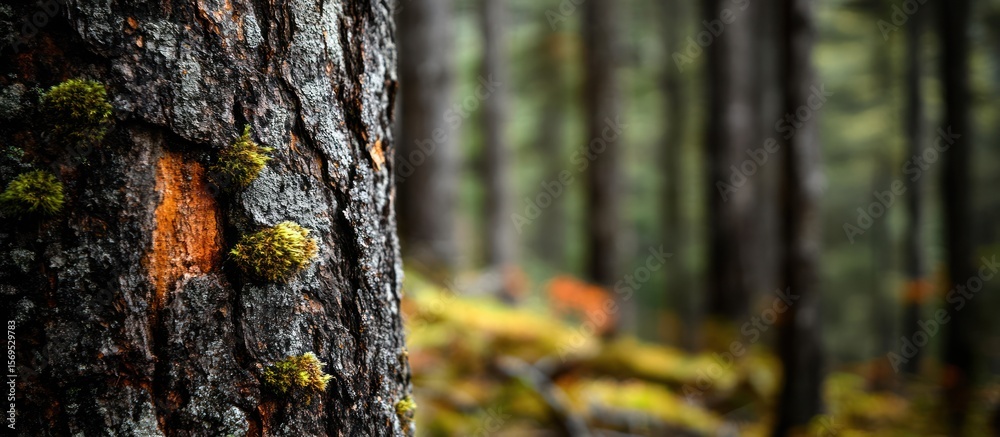 Fototapeta premium Textured bark adorned with vibrant moss in a forest ecosystem backdrop
