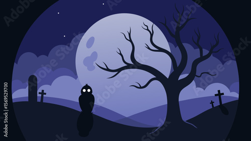 Gnarled leafless trees framing a view of a moonlit haunted house at night