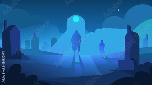 Glowing spectral figures walking among the tombstones in a spooky graveyard night