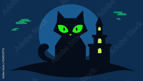 Mysterious black cat with glowing green eyes sitting on a spooky tilted tombstone