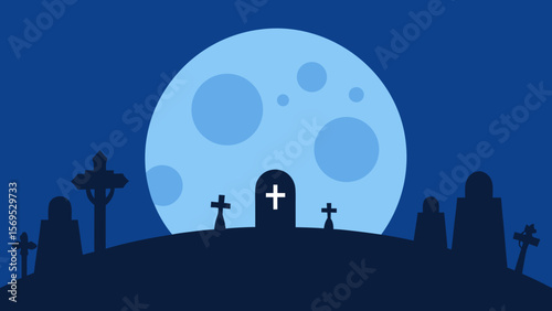 Silhouetted tombstones against a giant hazy blue moon in a spooky graveyard