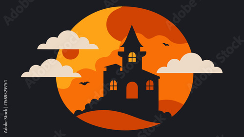 Paper cut out style scene with a layered haunted house and spooky silhouettes