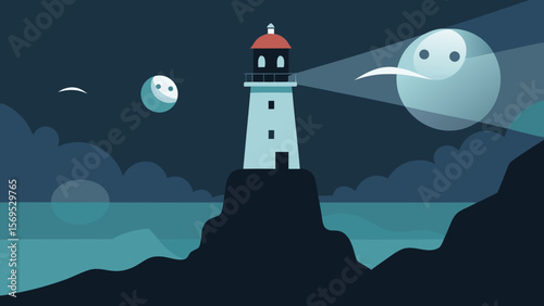 Haunted lighthouse on a rocky coast with its beam cutting through the dark fog